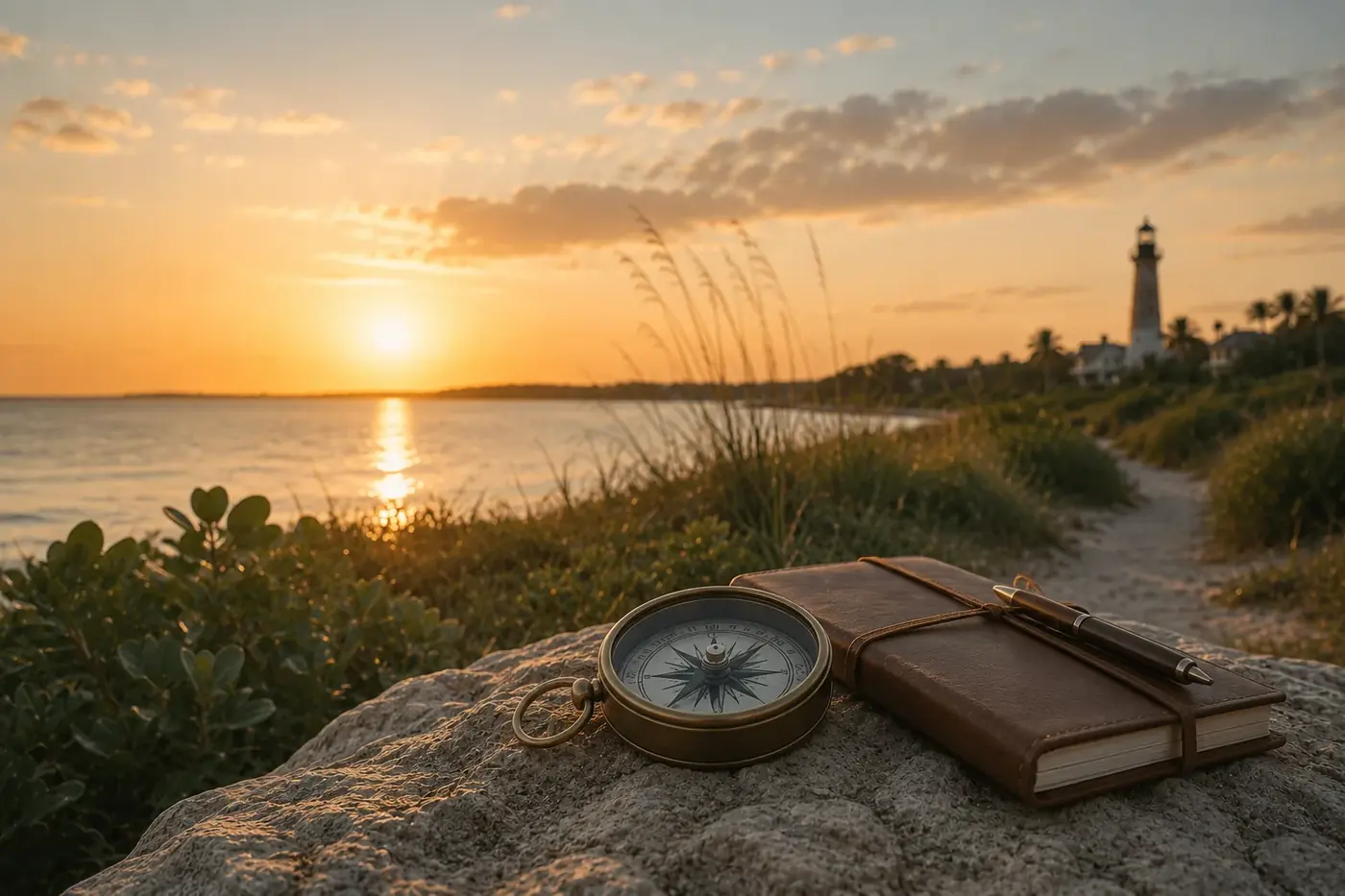 A compass and notebook overlooking a coastal path toward a lighthouse