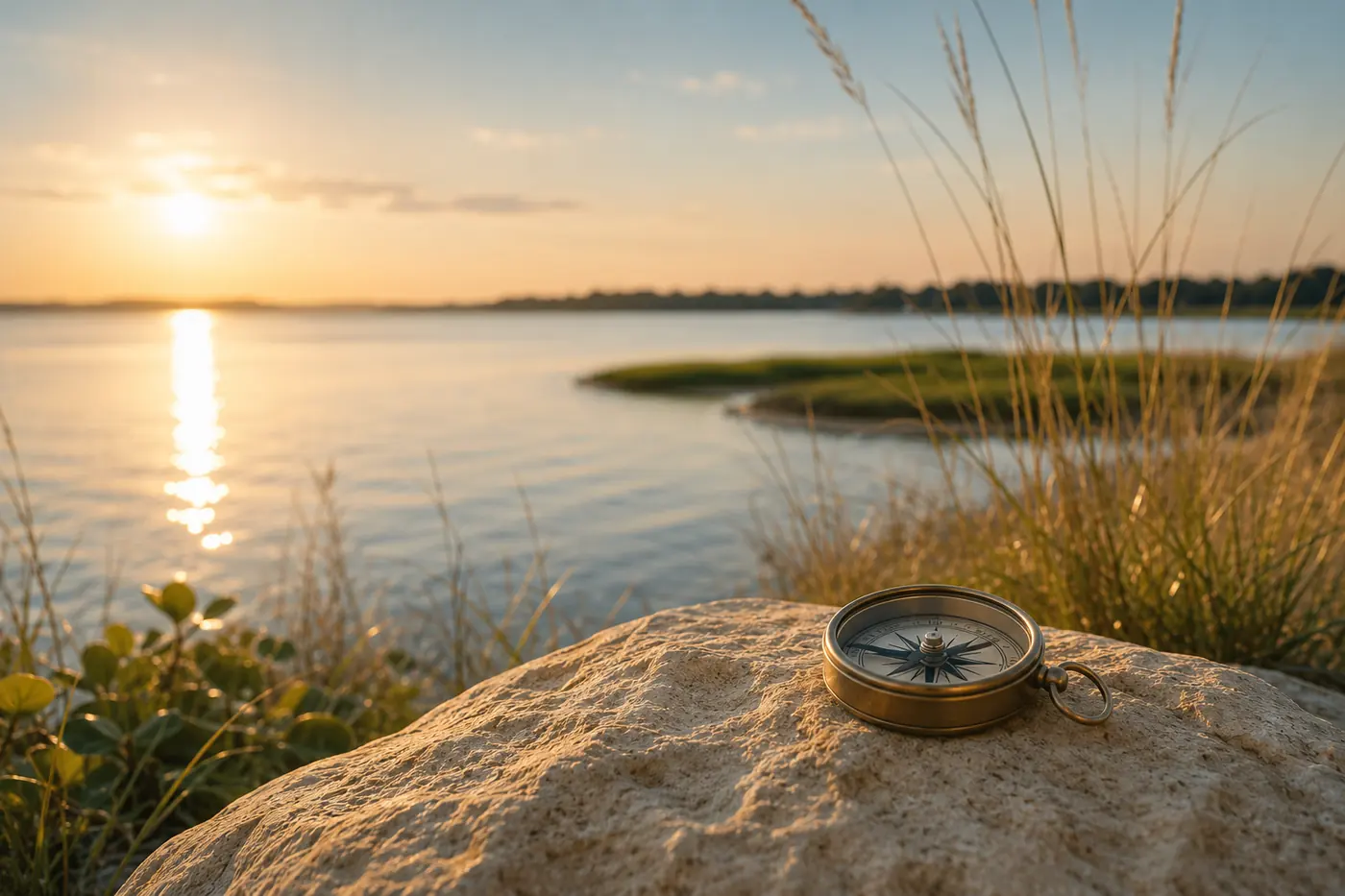 A brass compass overlooking calm coastal water in warm morning light