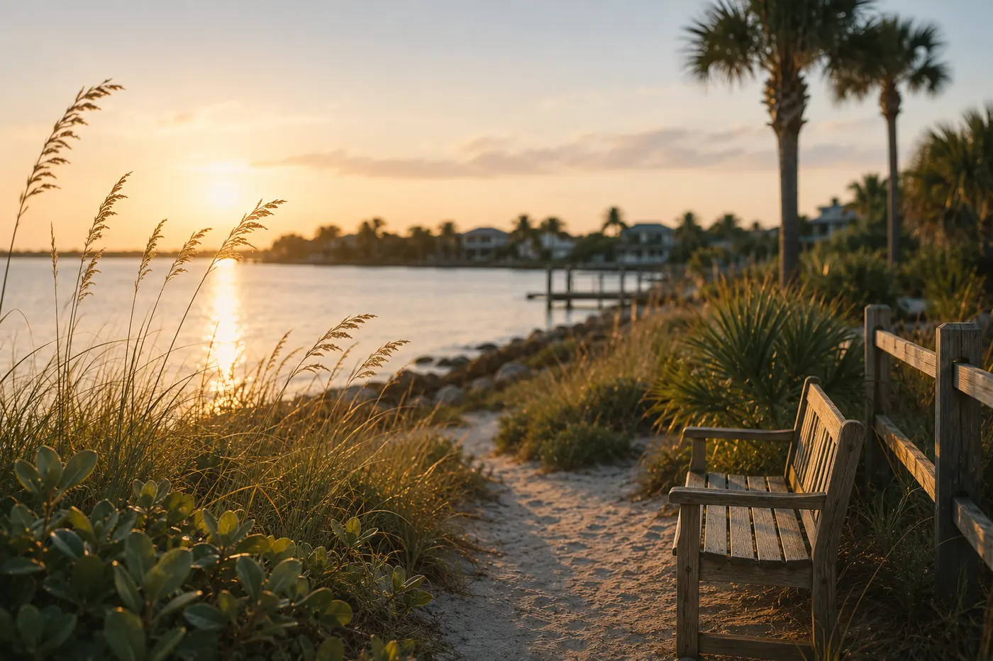 A weathered bench beside a quiet Jupiter waterfront at sunset