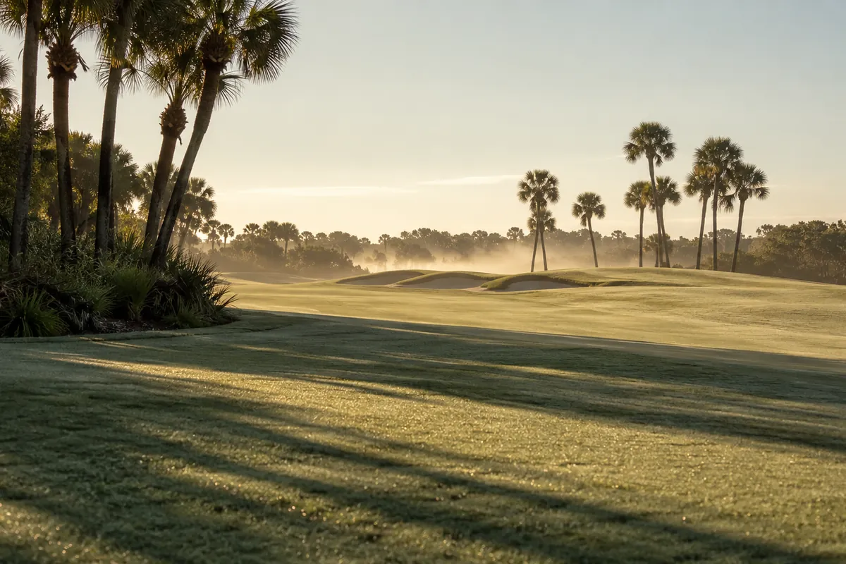 An empty golf fairway at sunrise with long palm shadows across dew-covered grass