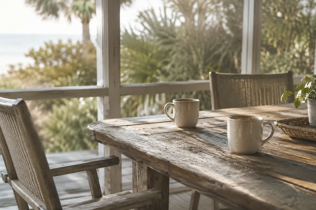 Two used coffee mugs on a sunlit porch table beside two empty chairs