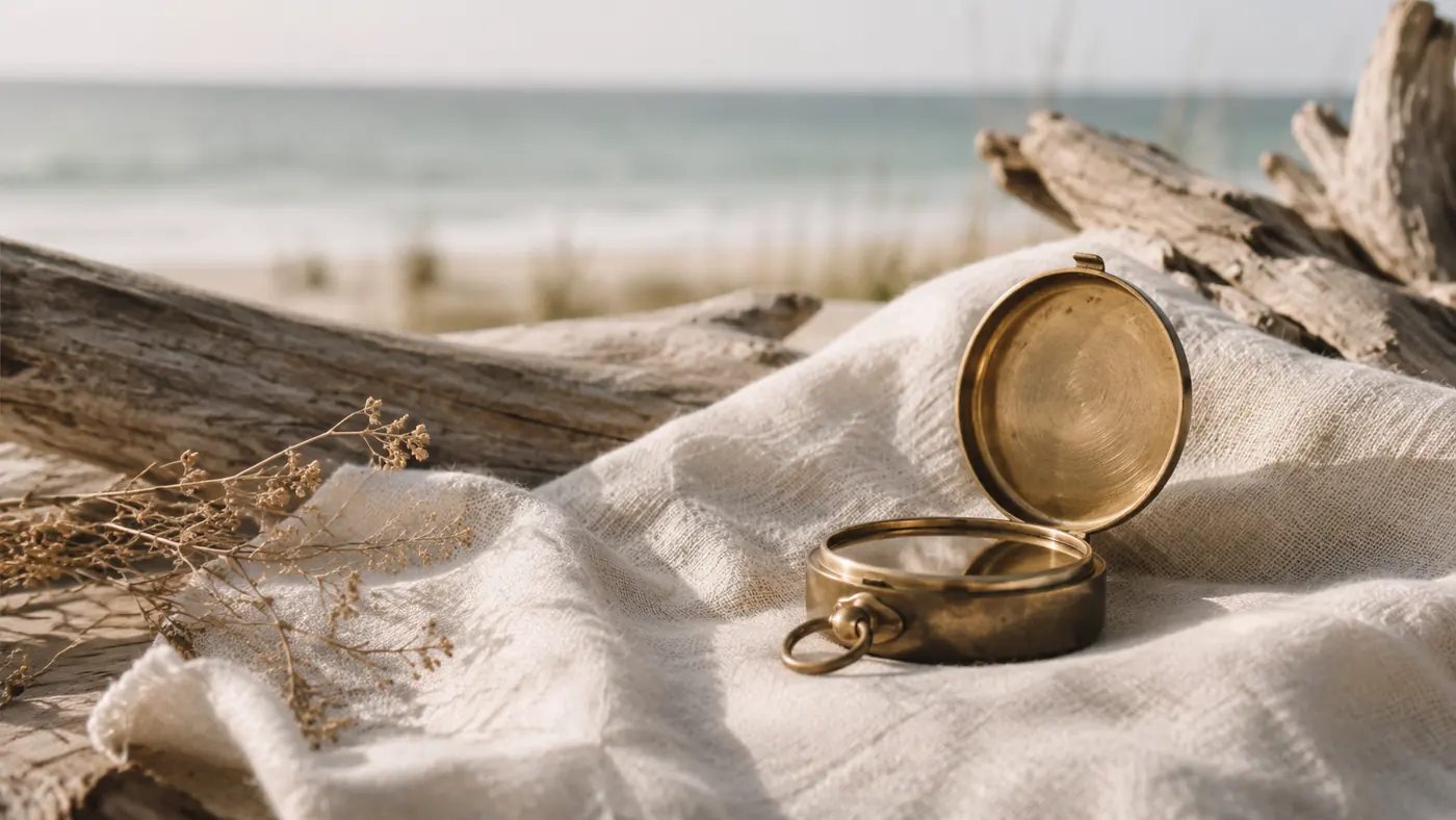 An aged brass compass resting on pale linen near the coast