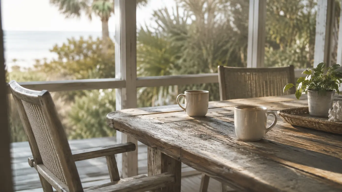 A quiet sunlit porch with two coffee mugs on a wooden table