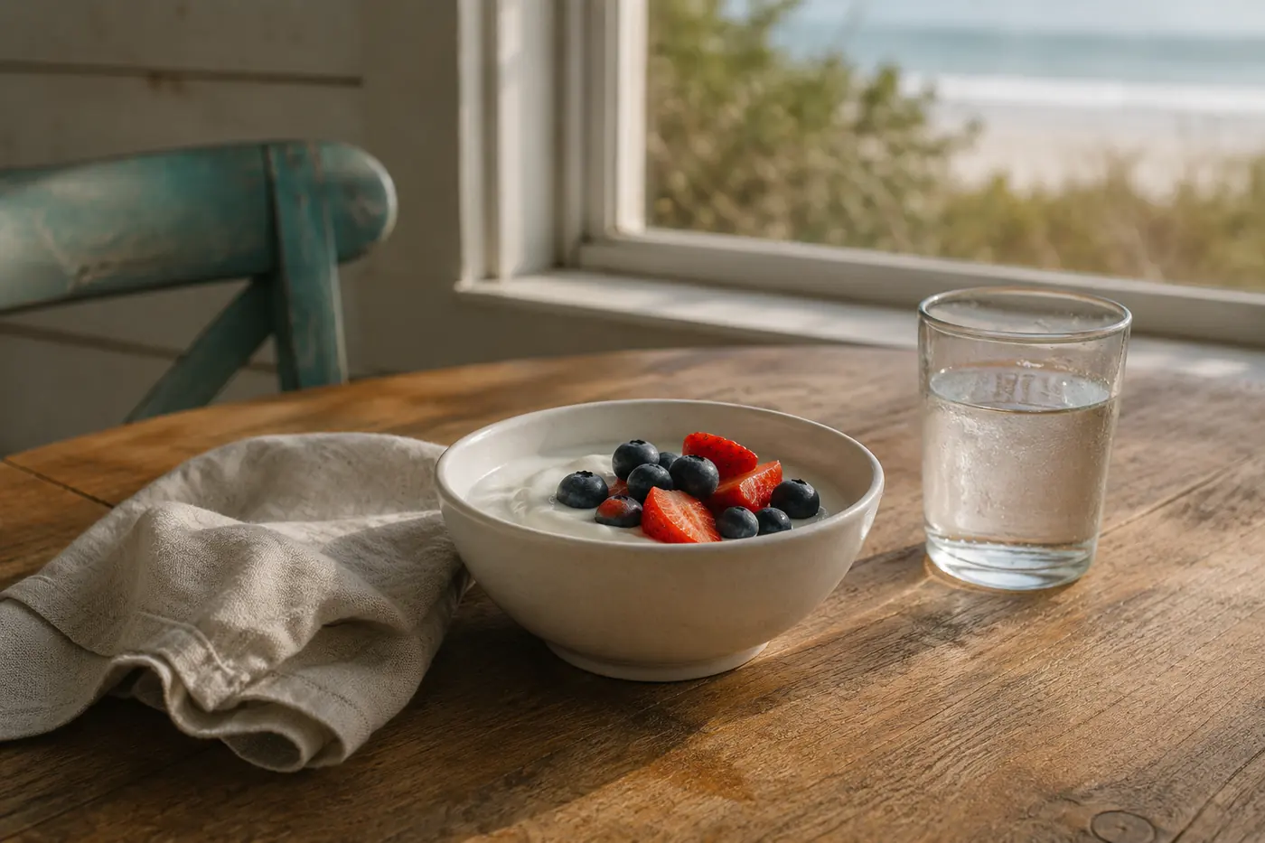 A simple breakfast of yogurt, berries, and water in natural light