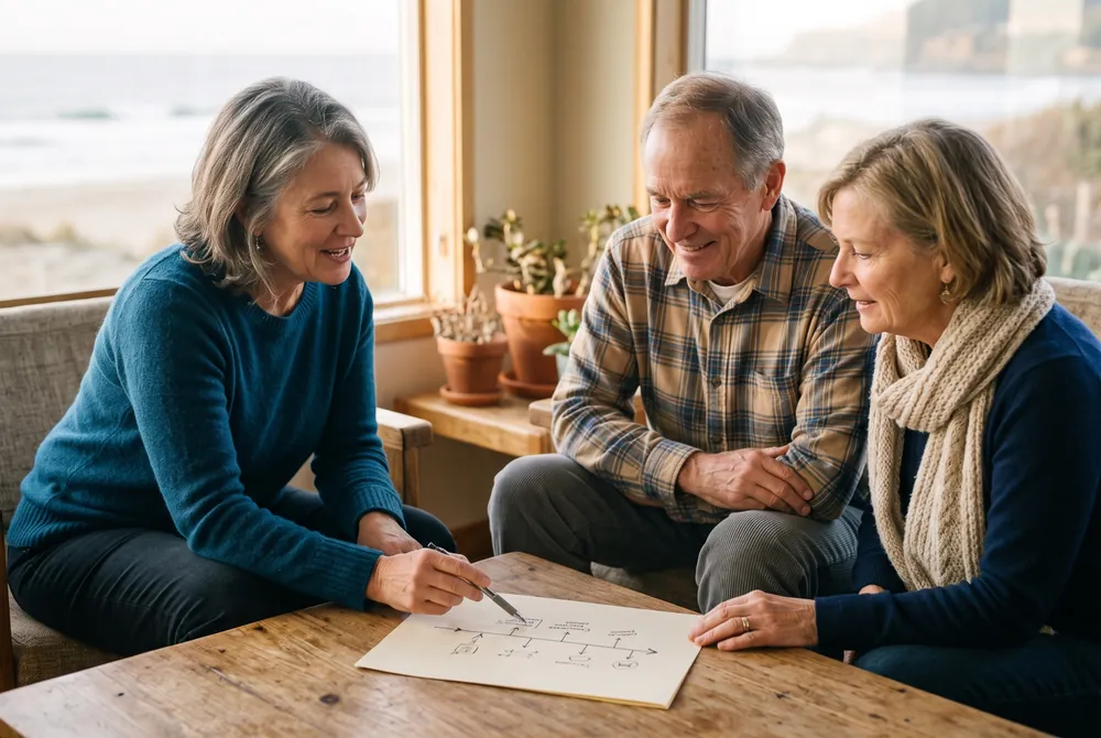 Reviewing your starting point together in warm, natural coastal light.