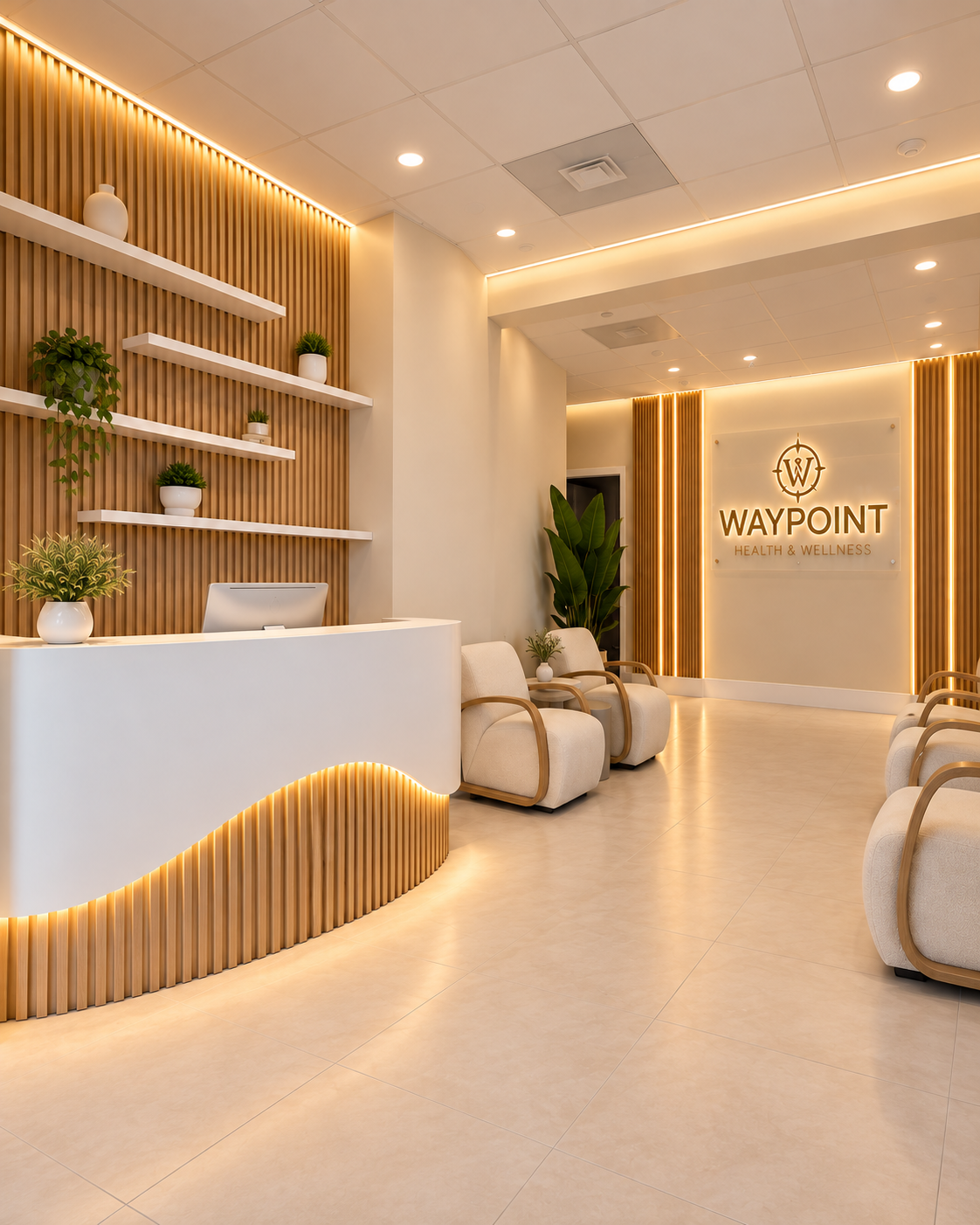 Waypoint reception and waiting area in warm light.