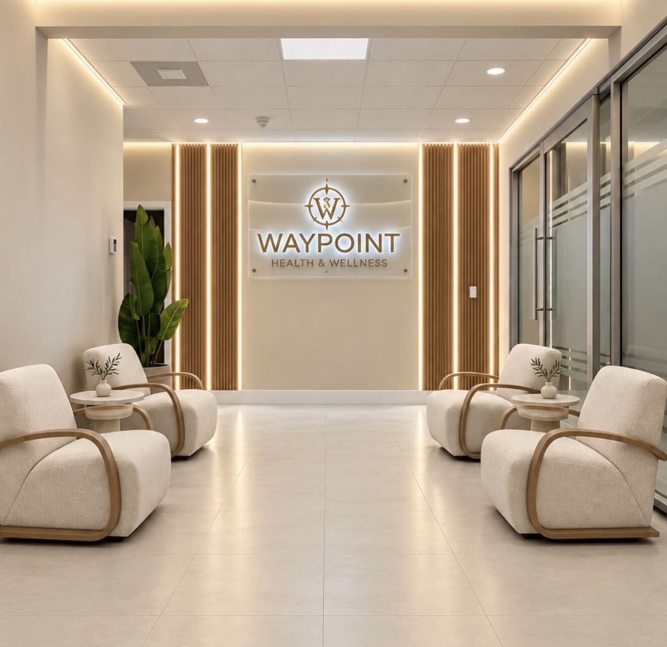 Waypoint reception with the backlit Waypoint Health & Wellness logo.